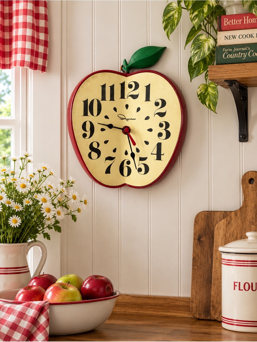 Vintage Ingraham Apple Wall Clock Retro Mid-Century Kitchen Décor Red Cream
